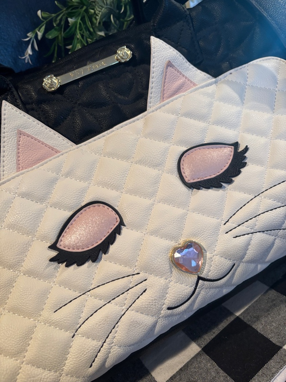 Betsy Johnson Quilted Black Travel Bag with White Cat Face Front Pocket - Picture 3 of 7